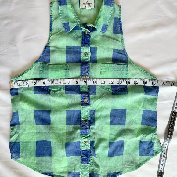 American Eagle Women Plaid Sleeveless Collared Button Down Green Blue Size S - Picture 5 of 8